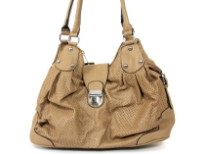Fashion handbag has a mesh pattern texture, a double handle and a push lock closure. Made of PU (polyurethane).
