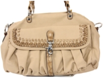 This double handle bag is made of polyurethane material. It has a top zipper closure with a lobster claw opening. Detachable shoulder strap included.