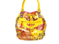 Designer Inspired croco embossed printed shoulder bag with abstract floral design. Bag has a drawstring closure and small pocket with zipper closure. Double handle. Made of PVC.