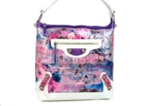 Designer Inspired croco embossed printed bucket handbag with zipper closures and single strap. Bag has an abstract floral pattern design as well as small belt detials. Made of PVC.