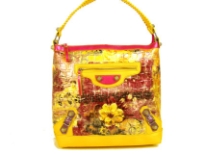 Designer Inspired croco embossed printed bucket handbag with zipper closures and single strap. Bag has an abstract floral pattern design as well as small belt detials. Made of PVC.