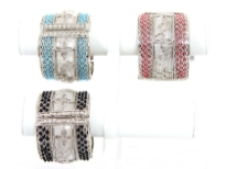 Metal Folding Bracelets Size: 2" Broad,(6 PCS in Box)Silver Plating, TR Glass Beads, Color: Black 2, Turquoise 2, Fuchsia 1 & Green 1
