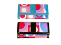 This is a designer inspired check book wallet made of Nylon. It has a button closure on the front and a zipper closure on the top with an artwork design all over the wallet.