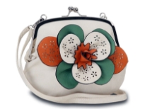 Faux leather clutch bag has a kiss lock closure, a detachable single strap and a colorful accentuating floral detail.