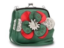 Faux leather clutch bag has a kiss lock closure, a detachable single strap and a colorful accentuating floral detail.