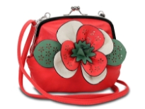 Faux leather clutch bag has a kiss lock closure, a detachable single strap and a colorful accentuating floral detail.