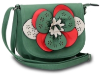 Faux leather crossbody small bag has a large floral detail with contrasting colors. Bag has an adjustable strap, top zipper closuer and front flap closure. Made of faux leather.
