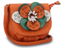 Faux leather crossbody small bag has a large floral detail with contrasting colors. Bag has an adjustable strap, top zipper closuer and front flap closure. Made of faux leather.