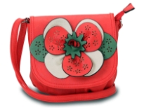Faux leather crossbody small bag has a large floral detail with contrasting colors. Bag has an adjustable strap, top zipper closuer and front flap closure. Made of faux leather.