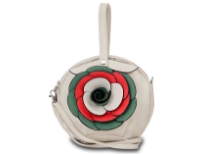 Round clutch bag has an accentuating floral detail, a top zipper closure and a detachable single strap. Made of fuax leather.