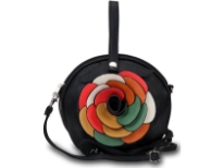 Round clutch bag has an accentuating floral detail, a top zipper closure and a detachable single strap. Made of fuax leather.