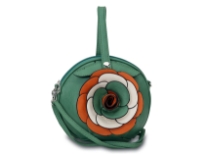 Round clutch bag has an accentuating floral detail, a top zipper closure and a detachable single strap. Made of fuax leather.