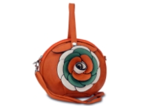 Round clutch bag has an accentuating floral detail, a top zipper closure and a detachable single strap. Made of fuax leather.