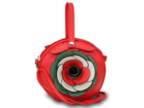 Round clutch bag has an accentuating floral detail, a top zipper closure and a detachable single strap. Made of fuax leather.