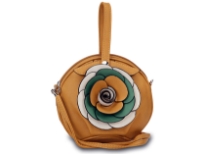Round clutch bag has an accentuating floral detail, a top zipper closure and a detachable single strap. Made of fuax leather.