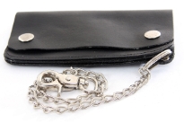 Carry your money in style. This is a genuine leather Biker wallet with steel chain. As this is genuine leather, please be aware that there will be some small creases and nicks in the leather but the wallet are all brand new.