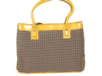 PVC Fashion Handbag has a plaid pattern and yellow trim. Top zipper closure and double handle.