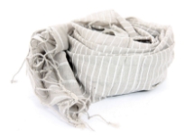 This grey colored cotton scarf has white horizontal stripes all over it with twisted fringes on its ends. Imported. Hand wash.