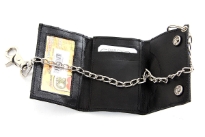 Carry your money in style. This is a genuine leather biker wallet with stainless steel durable chain. Snap lock closure. As this is genuine leather, please be aware that there will be some small creases and nicks in the leather but the wallet are all brand new.