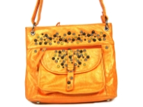 Studded Messenger Bag with front flap packet, zipper pocket & top zipper closure also. Adjustable shoulder strap.