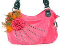 Faux Leather Feather/Rose flower studded bag. Top zipper closing. Back outside zipper pocket.