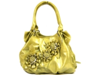 Fashion Handbag in Shining PVC Material with top zipper closure and double shoulder handle. Same color triple flower appliques in the front. Belt like accents on the sides of the bag.