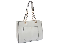 PVC double handle, front pocket, center divider fashion handbag. Top zipper closing.