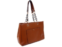 PVC double handle, front pocket, center divider fashion handbag. Top zipper closing.