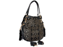 Studs and Rhinestones Fashion Handbag with Double Shoulder Handle. Top zipper closing and back zipper pocket. Adjustable shoulder strap is included.