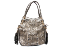 Studs and Rhinestones Fashion Handbag with Double Shoulder Handle. Top zipper closing and back zipper pocket. Adjustable shoulder strap is included.