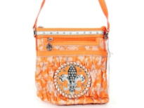 Fleur De Liz Licensed PVC Messenger Bag with logo in rhinestones. Top zipper closure & outside zipper pocket also.