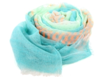 Orange stripes pattern this finely woven lightweight 100% polyester scarf. Light blue & sage colored sheer scarf is decorated with eyelash fringe all over it. Imported. Hand wash.