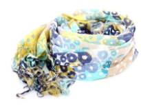 Circular print in shades of blue & yellow over off-white base of this yarn dyed viscose scarf. Imported. Hand wash. Imported.