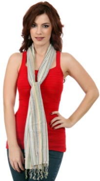 Light colored viscose scarf with narrow as well as broad stripes in black, orange & green colors. Twisted fringes at the edges of this long scarf. Imported. Hand wash.