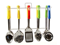 This is a set of 5 kitchen tools (in 4 colors). Basting spoon, basting spoon hole, skimmer, ladle and turner. The box has a total of 120 units (24 sets of 5 tools) with stainless steel display stand.