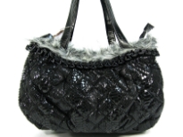 Snake print PU Fashion Handbag with faux fur trim on the top of the bag with zipper closure & double shoulder straps.