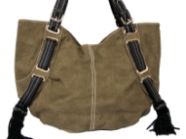 Laux Leather Double Handle Bag. Top zipper closing. Back zipper pocket.