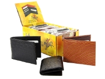 Assorted wallets with crocodile, lizard, ostrich embossed exterior. This is a dozen pack mixed bi-fold, tri-fold, black, brown, tan, etc.
The box containing the dozen wallets converts into a counter display.
The exterior is 100% genuine leather, the interior is man-made leather.