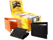 Assorted cowhide bi-fold and tri-fold wallets. This is a mixed colors dozen pack. The box containing the dozen wallets converts into a counter display.