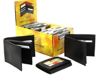 Assorted soft bi-fold and tri-fold lambskin wallets. The box containing dozen wallets converts into a counter display.
