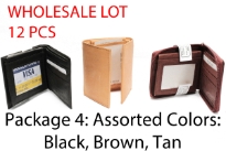 Wholesale lot of 12 genuine leather Mens Wallets.
Package 1: Black (bifold, trifold) wallets.
Package 2: Brown (bifold, trifold) wallets.
Package 3: Tan (bifold, trifold) wallets.
Package 4: Assorted Colors (Black, Brown, Tan) - bifold, trifold wallets.
