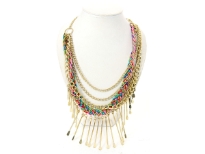 Colored braided satin thread with hangings & three chains in varying patterns & widths make this compelling piece of jewelery which can be combined with any kind of outfit. Long needle shape hangings make tingling sound when they touch each other.