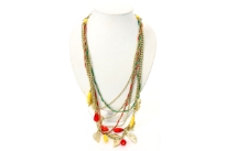 Beautiful gold tone multiple chains long necklace with hangings in different shapes & colors. Resin in red & yellow and gold tone love & leaf shape hangings. Five thin chains but in smaller length with two of them braided with thread add extra zing to this beautiful neck piece.
