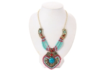 Royal look necklace made of gold tone metal & strands of resin beads has heart shape pendant in gold tone metal with engraved design & decorated with turquoise & red miniature beads. Gold tone chain at the ends with lobster closure completes this necklace.