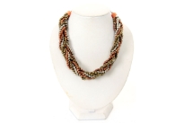 Strands of copper, bronze, silver beads are braided together to make a mesh design neck piece which is very elegant & matches lot of outfits. Copper color metal chain at both ends completes this beautiful collar necklace.