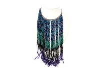 Mesmerizing neck piece is made of multiple strands of miniature resin beads in peacock shades. Long strings make a bib in the front. Imported.