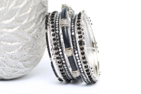Bohemian fashion black mirror bangle bracelet set. Handcrafted by artisans in India. Durable and high quality.