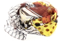 Beige colored sheer scarf has artistic print of semi circles, dots & stripes in brown, yellow, mustard colors. Brown colored border along its vertical length & criss-cross stripes along its width. 100% polyester scarf. Imported.