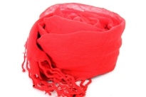 Beautiful Red colored scarf has horizontal open weave pattern. Long twisted fringes completes this 100% viscose scarf. Classy scarf can also be teamed up with a formal dress as a shawl. Imported.