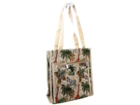 Printed Jacquard shopping bag. Top zipper closing and front zipper pocket.